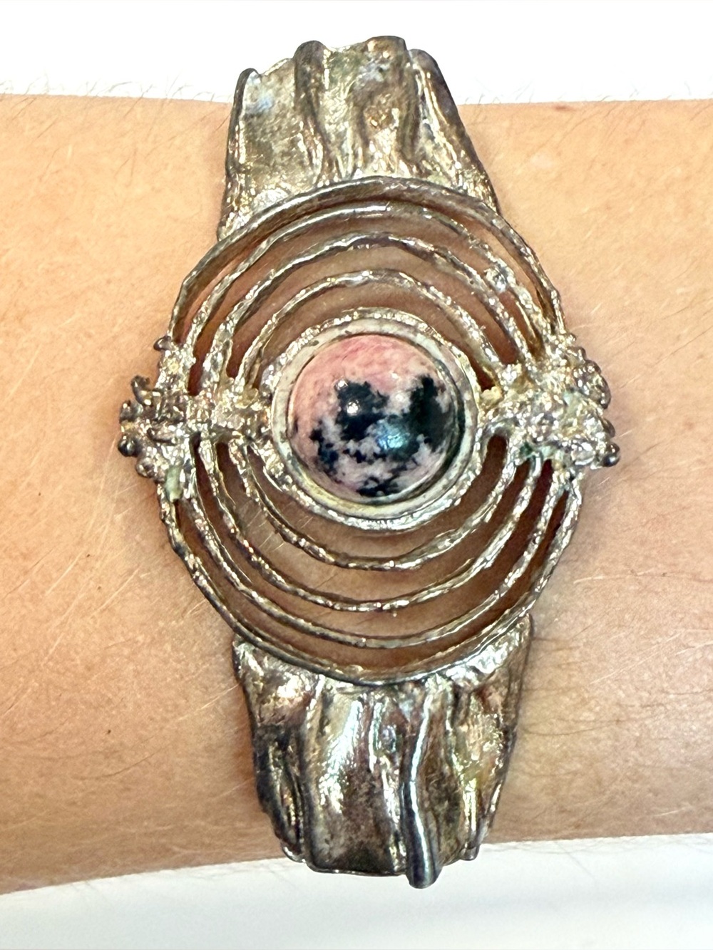 Vintage Modernist Rhodonite Cabochon 835 Silver Bracelet Jewelry